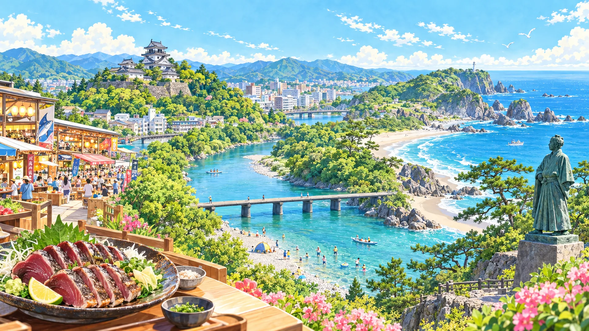 高知の海・川・お城を描いたイラスト
