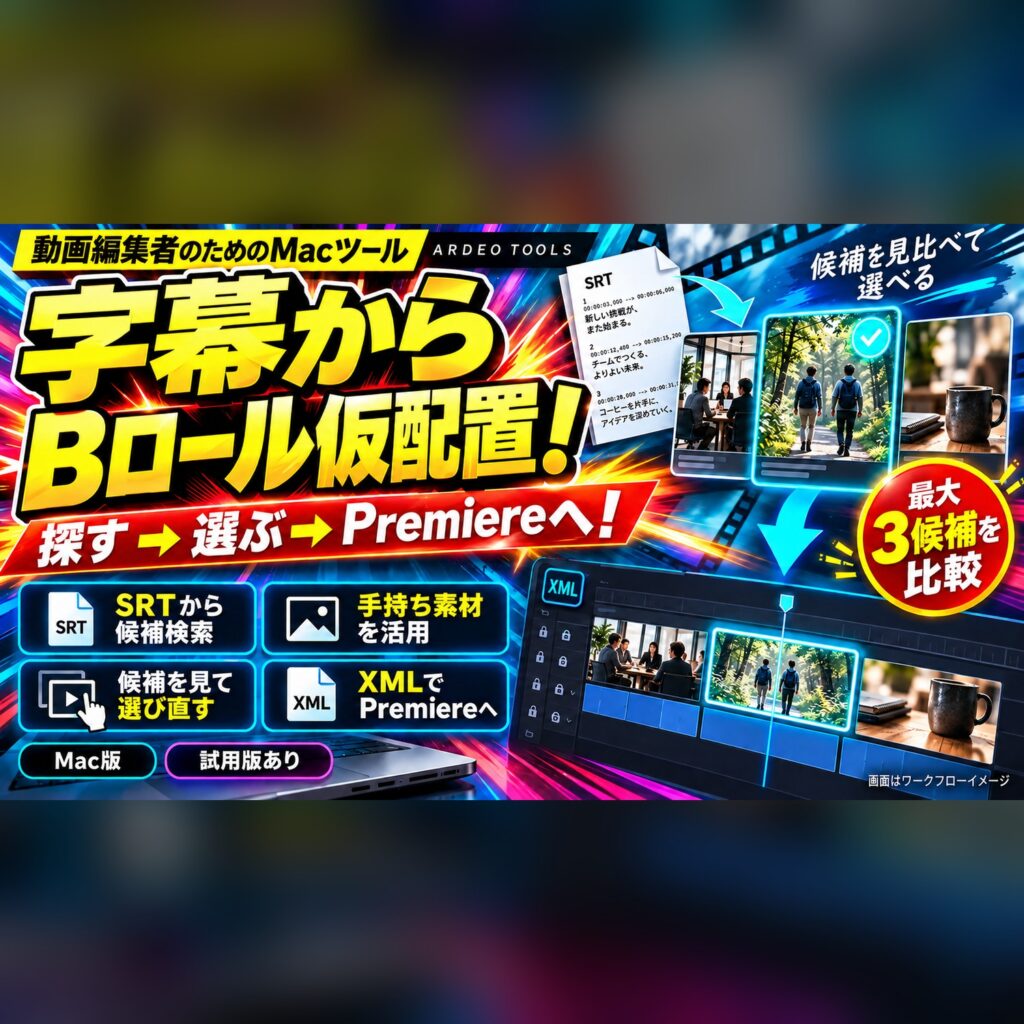 ARDEO Bロール配置（Mac）｜字幕からBロール仮配置・Premiere用XML出力