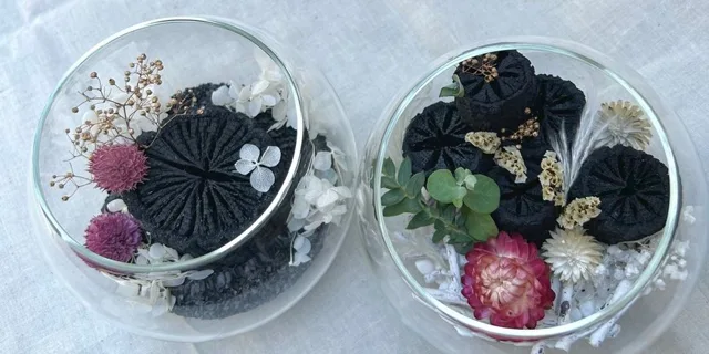 菊炭とドライフラワーで作る菊炭リウム作りのチラシ