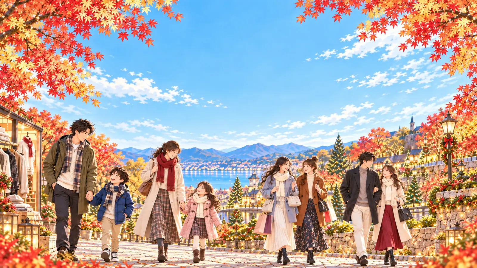紅葉やイルミネーションへおしゃれして出かける家族・友達・カップルのイラスト